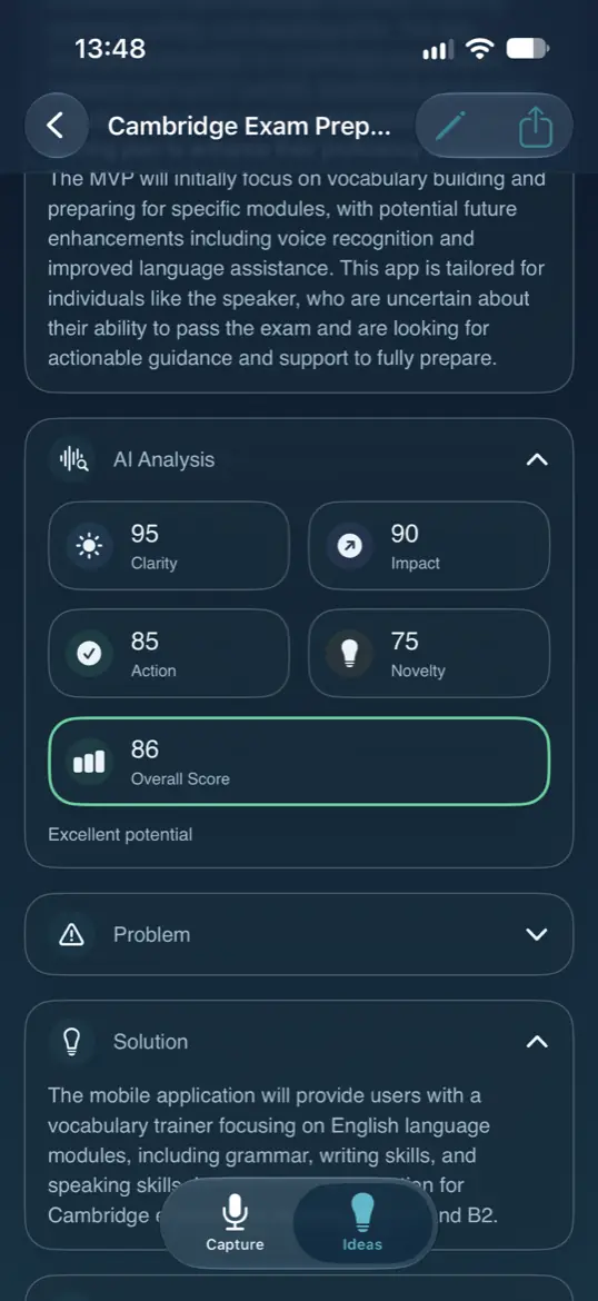 An idea&rsquo;s AI Analysis: scores for Clarity, Impact, Action and Novelty with an overall score, followed by the generated Problem and Solution sections. Shown in dark appearance.