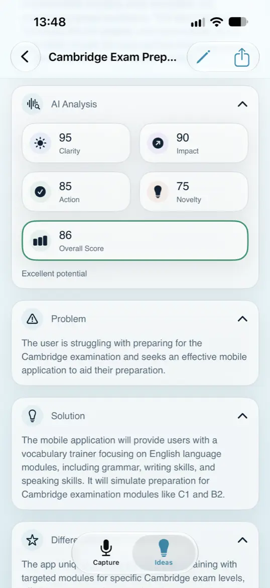An idea&rsquo;s AI Analysis: scores for Clarity, Impact, Action and Novelty with an overall score, followed by the generated Problem and Solution sections. Shown in light appearance.