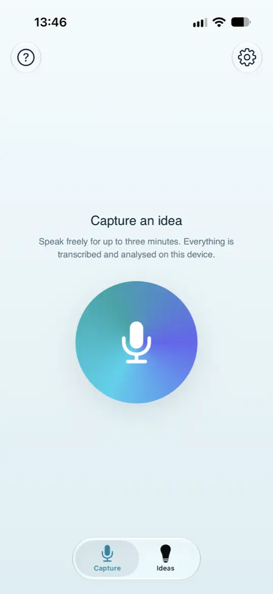 The Capture tab: a single large microphone button on an otherwise empty screen, above the prompt &ldquo;Speak freely for up to three minutes.&rdquo; Shown in light appearance.