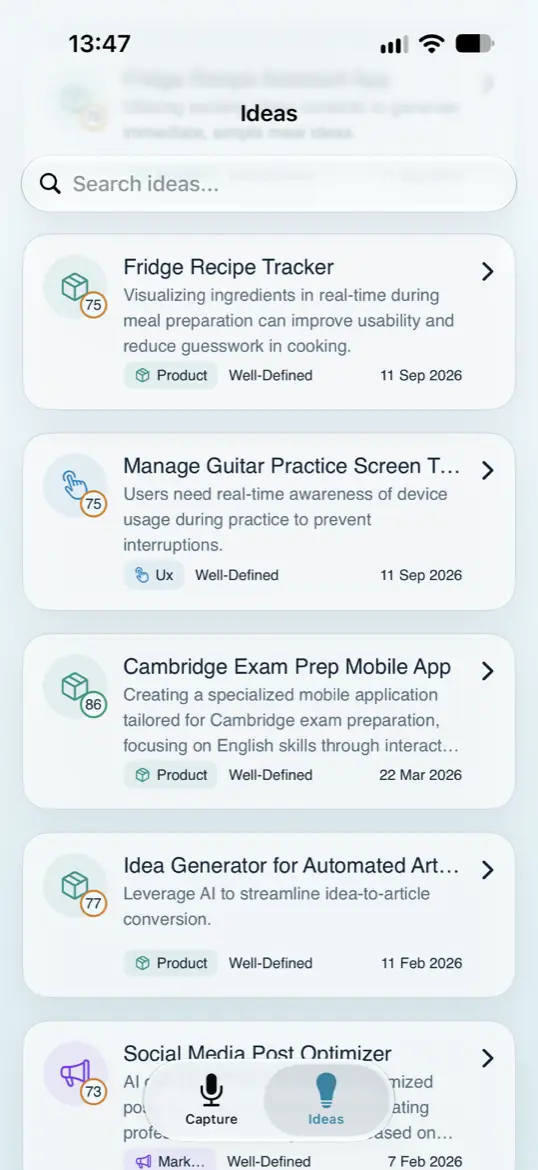 The Ideas tab: a searchable list of captured ideas, each row showing its title, a one-line summary, a category chip, a quality score and the date. Shown in light appearance.