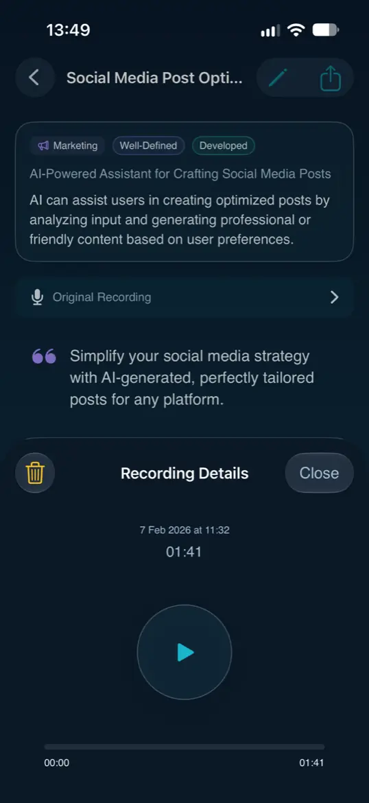 An idea detail with its original recording open in a playback sheet, showing the capture date and a one-minute-26-second audio track. Shown in dark appearance.