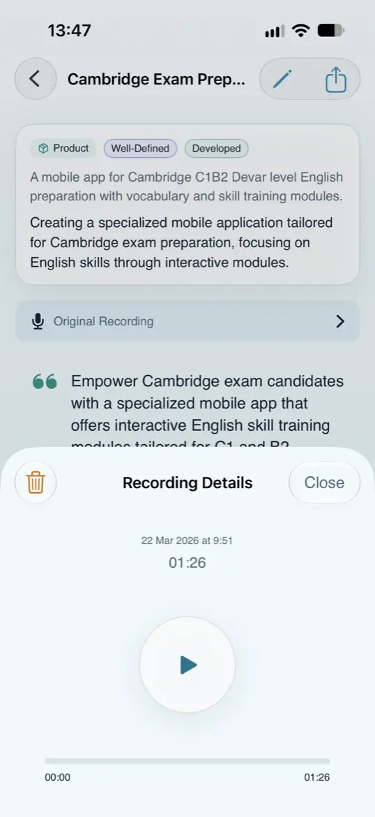 An idea detail with its original recording open in a playback sheet, showing the capture date and a one-minute-26-second audio track. Shown in light appearance.